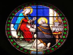 vitrail st dominique recoit le chapelet des mains de la vierge marie