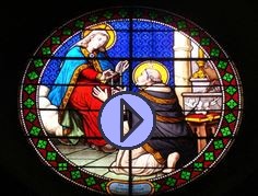vitrail st dominique recoit le chapelet des mains de la vierge marie BOUTON